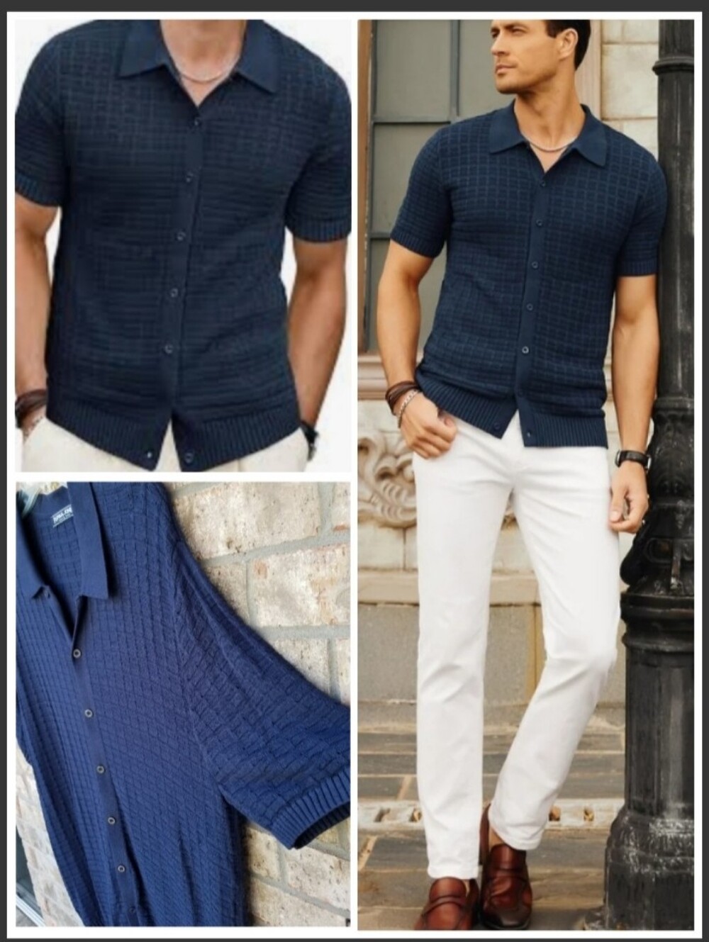 PJ Paul Jones NAVY Knitted LightWeight Shirt (Large) Texture ShortSleeve Golf